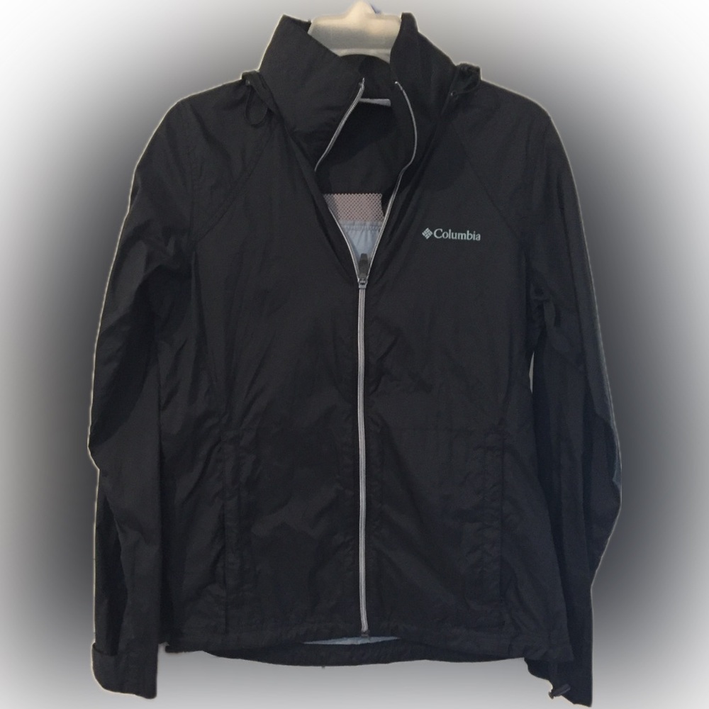 Columbia women’s small black windbreaker stowaway hood Velcro sleeves like 🆕 👀
